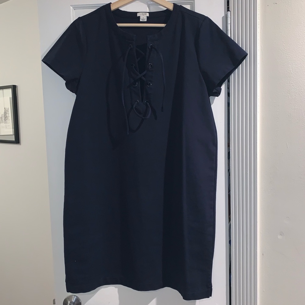 Navy Shift Dress with Criss-Cross Tie Neckline